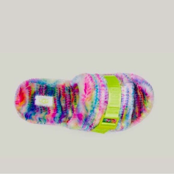 UGG Slippers NEW Fluffita Fur Platform Rainbow Pixelate Flatform Multicolor 6 - Picture 3 of 8